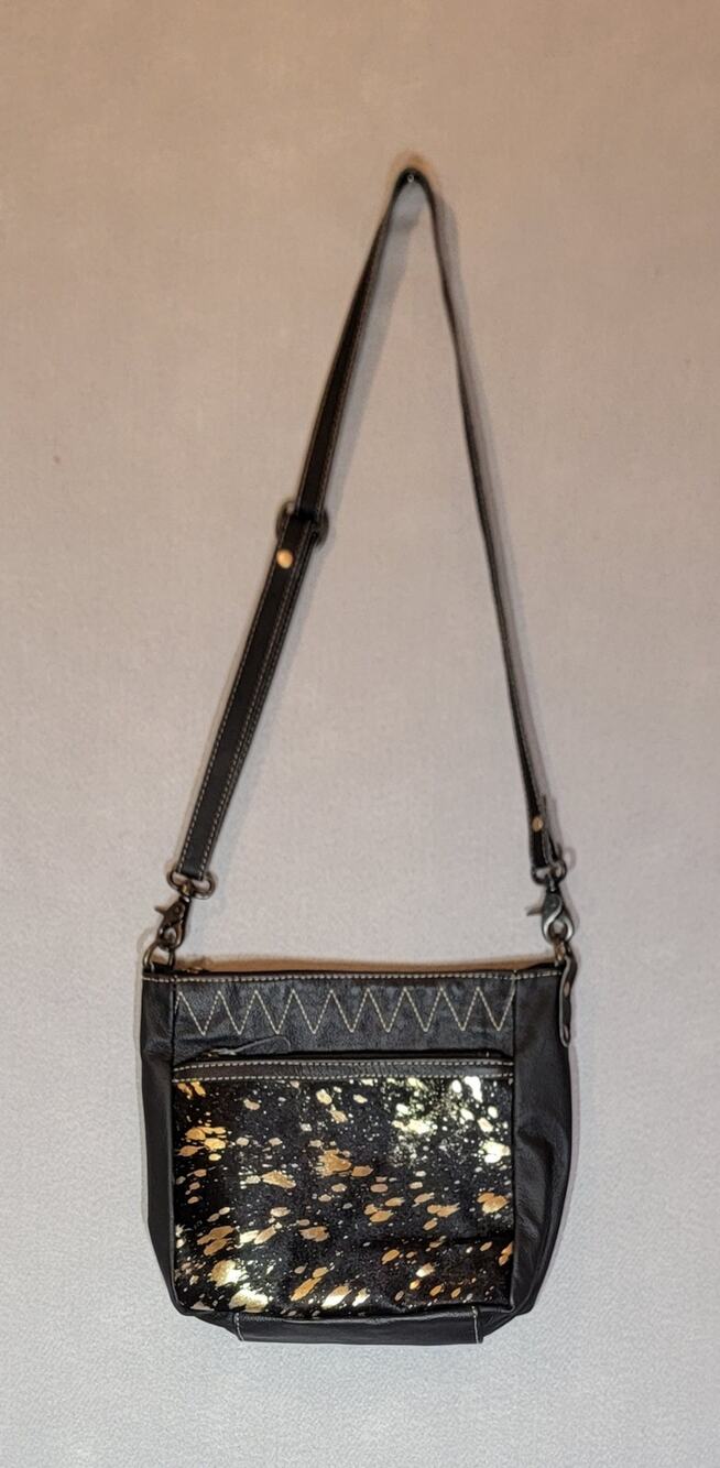 Myra Ziggy Black Leather Hairon Cowhide Gold Foil Crossbody Bag NWOT